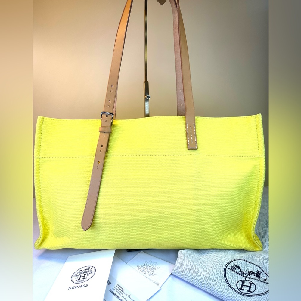 Hermes Sac Etriviere Elan Toile Yellow Canvas Leather Straps NWT, Bag 2011 COA
